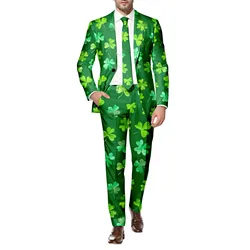 Men Two Piece St. Patrick'S Day Printed Suit Long Sleeve Button Coat And Pants  Multi Pockets Suit Holiday Party Events Clothes