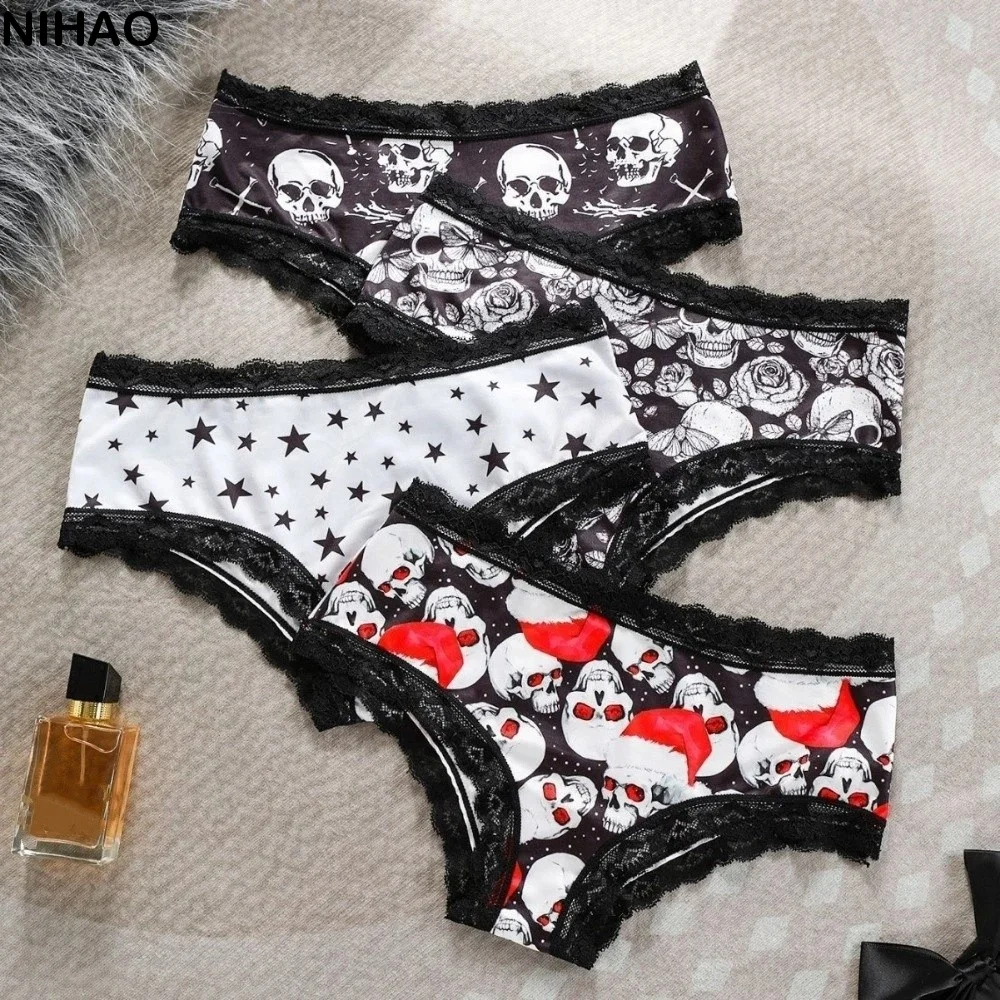Mid Waist Women's Panties Gothic Style Flower Butterfly Skeleton Briefs Halloween Skull Star Lace Triangle Underwear