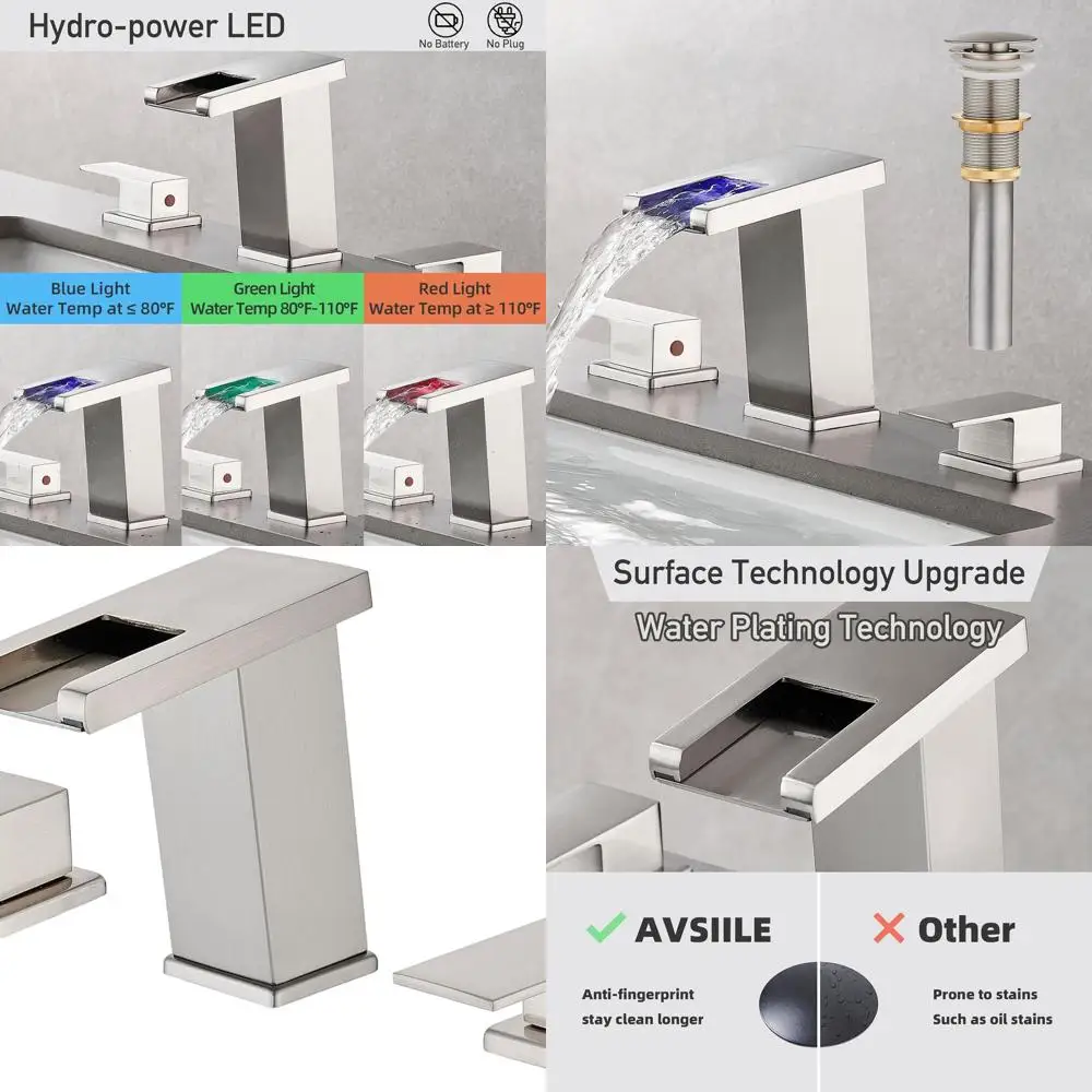 

Modern 8 Brushed Nickel 3-Hole Waterfall Faucet, Touch-Activated Widespread Bathroom Sink Mixer