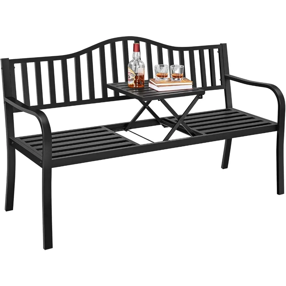 

Outdoor Garden Bench w/Pullout Middle Table,Front Porch bench for ,Weather-Resistant Frame,Patio Seating for 2-3 Person, Black