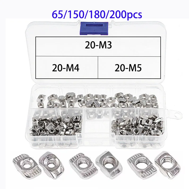 

200/180/150/65/pcs T Nuts Set 2020 Series Aluminum Profile Connector T-nut Nickel Plated Hammer Nut Accessories Kit