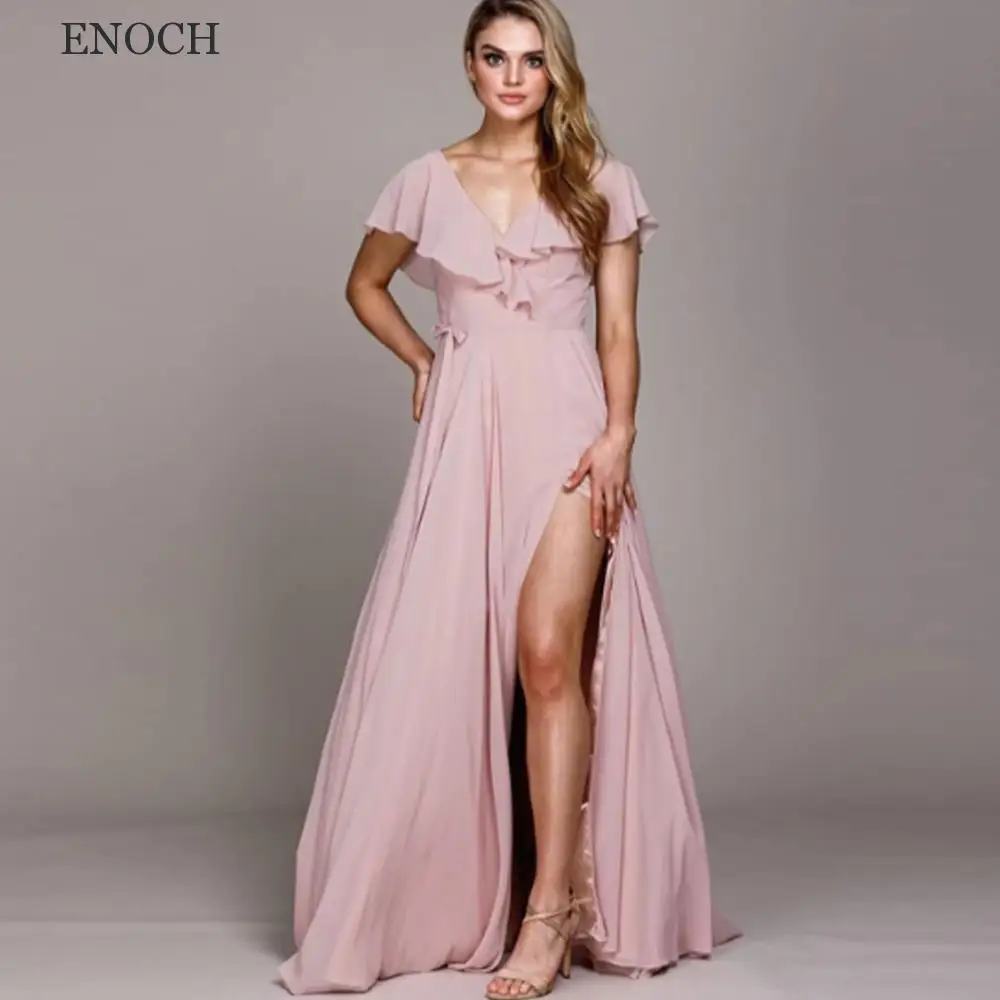 ENOCH V-Neck Side Split Bridesmaid Dresses Modern Ruffles Chiffon Party Gowns Custom Made Vestidos De Fiesta Backless Pink New