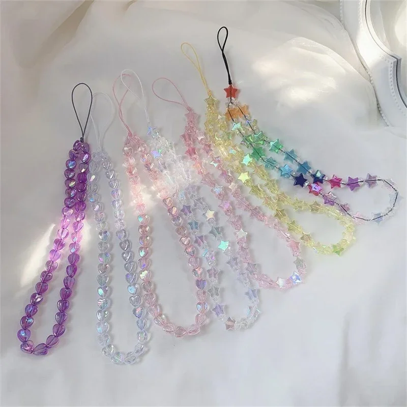 Star Beaded Phone Keychain Cute Lanyard Acrylic Beaded Korean Phone Pendant Coloful Anti-Lost Phone Straps Hanging Jewelry Girls