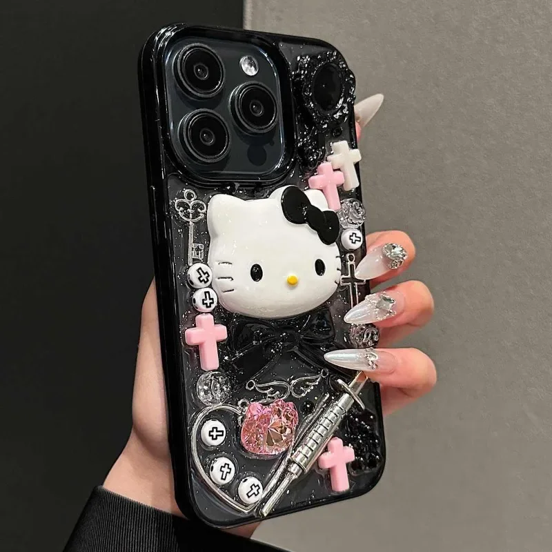 Kawaii Hello Kitty Cartoon DIY Phone Case Suitable for IPhone 15 14 13 11 16ProMax Y2k Cool Girl Anti Drop Transparent Case 2025