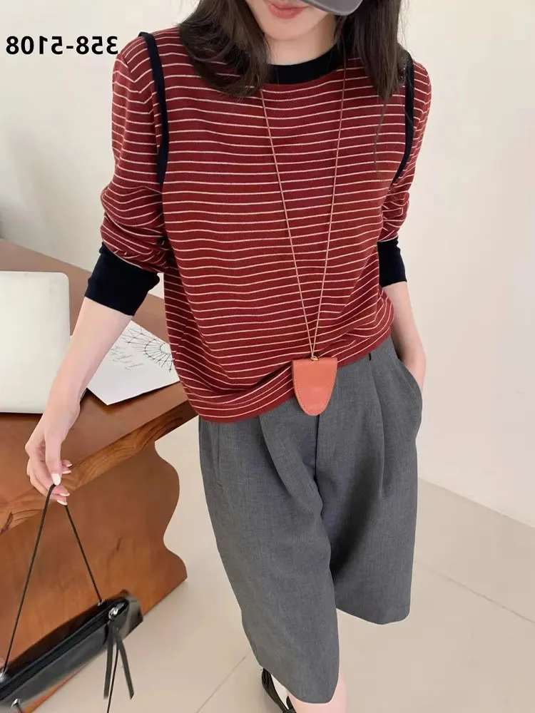 

Faionable Knitted Stripe Long Sve round Ne T-irt Sli Inner Wear Top Trendy Commute Sle Korean Loose Fit Autumn