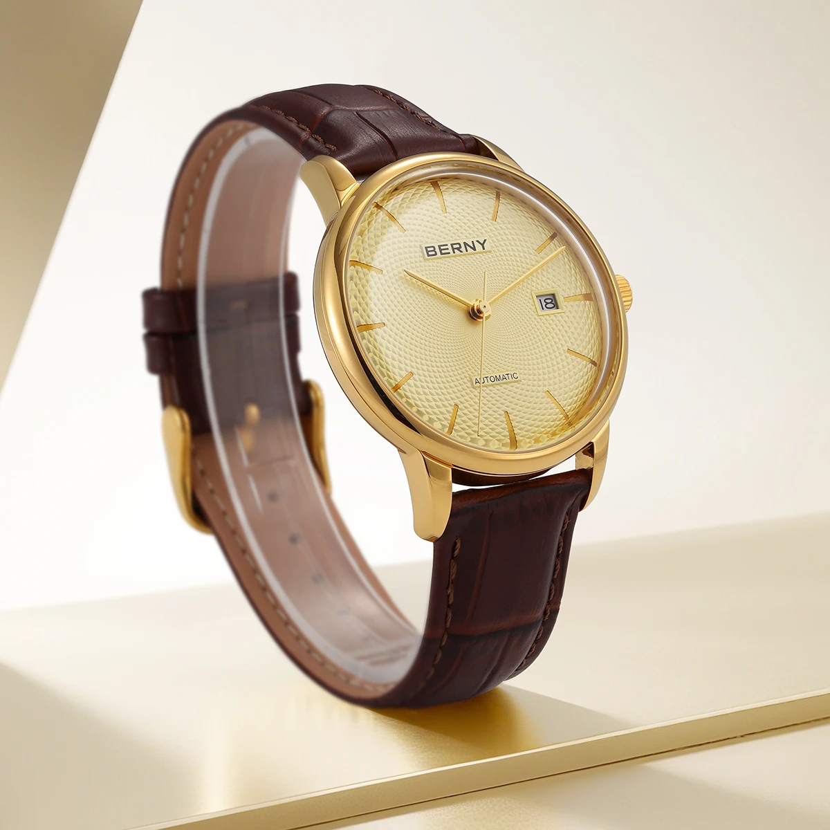 BERNY Automatikuhren für Herren, luxuriöse klassische mechanische Herrenuhr, gewölbtes Glas, Kalender, elegante, schlanke Armbanduhr – Detail 20