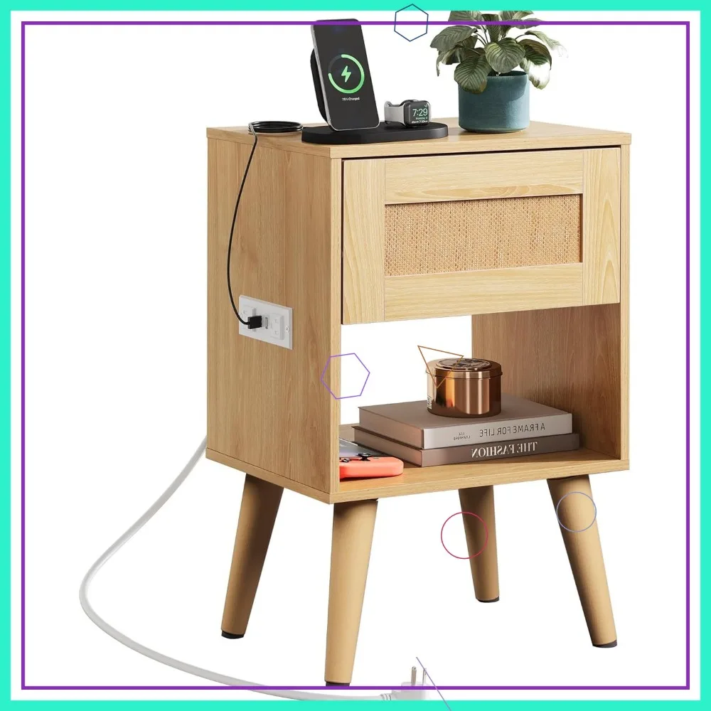 

Rattan Nightstand with Charging Station, Bohemian Side Table with Drawer and Storage, Natural Oak Finish for Small Spaces