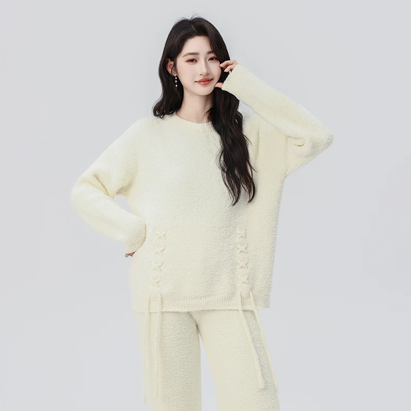 Pijama informal con cordones de color puro para mujer, dulce otoño e invierno, se puede usar afuera, se puede usar en casa