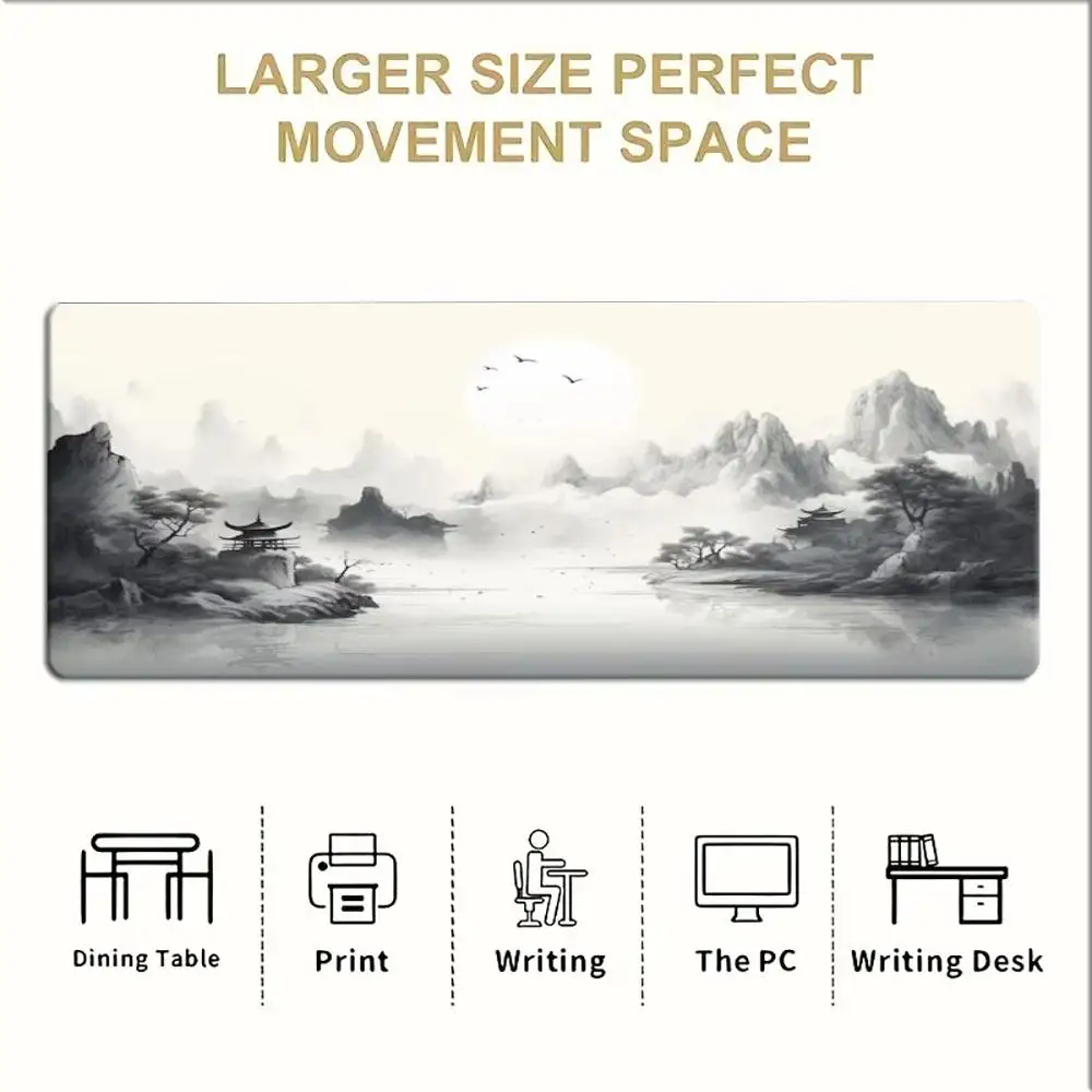 Large Mouse Pad Desk Mat Keyboard Pad Chinese Ink Wash Pavilion Mountain River Moon Bird Oriental Art Print Non Slip Rubber Base