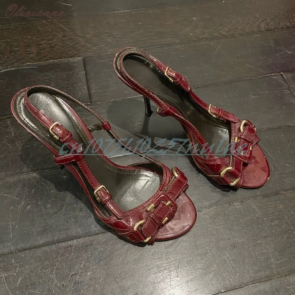 

Wine Red Buckle Belt Decor Saandals Open Toe Leather Stiletto High Heel Sexy Party 2025 Summer Women Shoes Zapatos Para Mujere