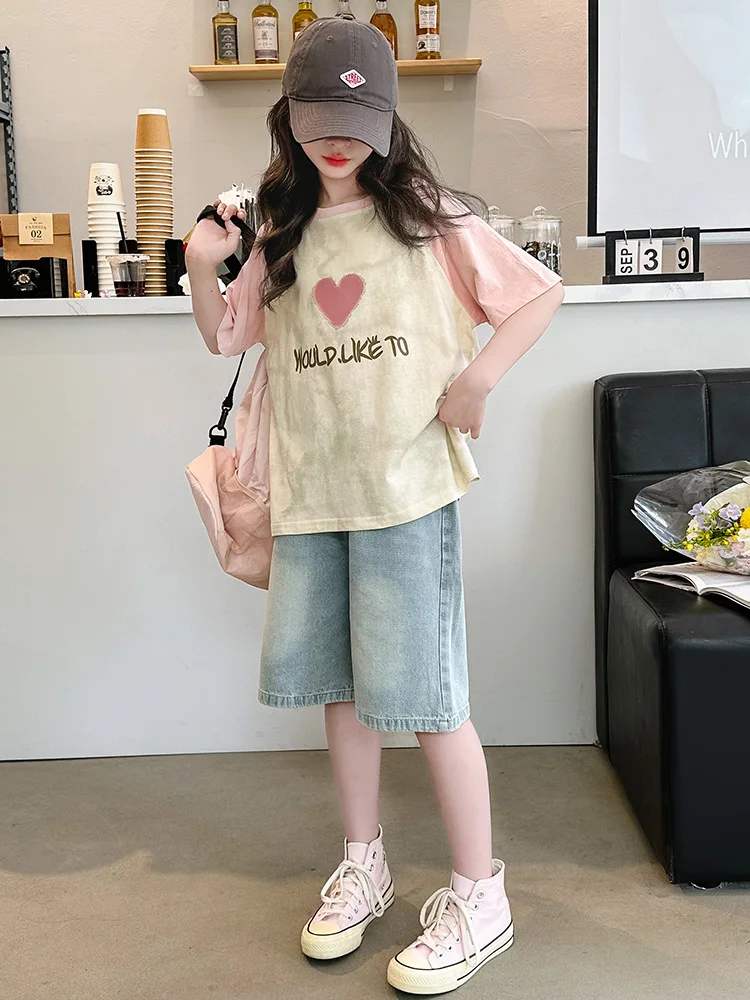 

Girls Summer Faion ort Sve T-irt Jeans orts Set Casual Clean Sle Elementary And Middle School Kids Clothing