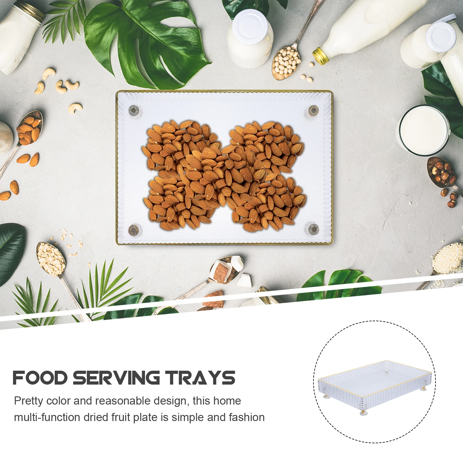 

Transparent Storage Tray with Gold Rim for Candies Dried Fruit Snack Serving Platter Household Lightweight Rectangular