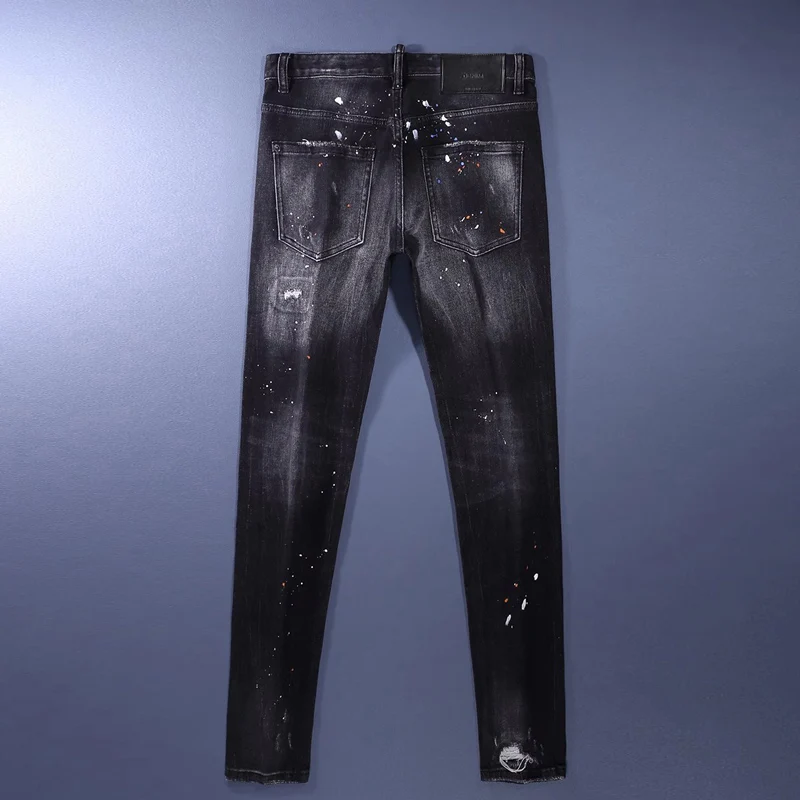 new y2kmen's jeans with pleats, painted scratches, washed water, nostalgic stretch, slim fit, designer high street hip-