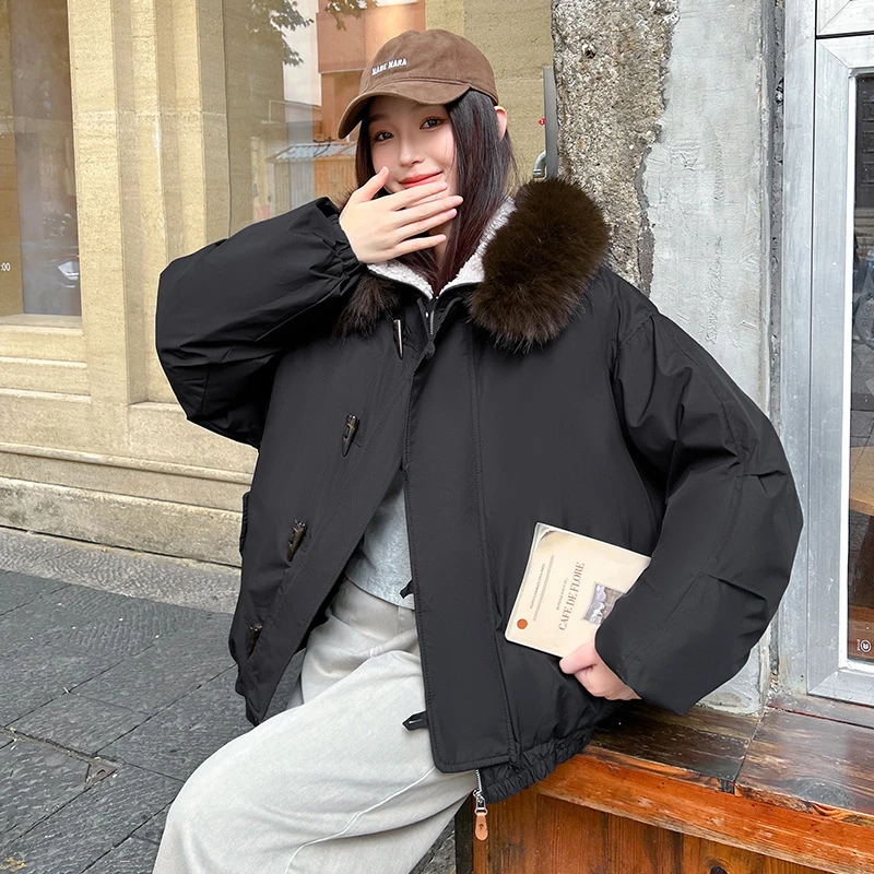 2025 inverno novo grande gola de pele algodão acolchoado jaquetas chifre botão manga longa com capuz feminino parkas viajando moda para baixo casacos