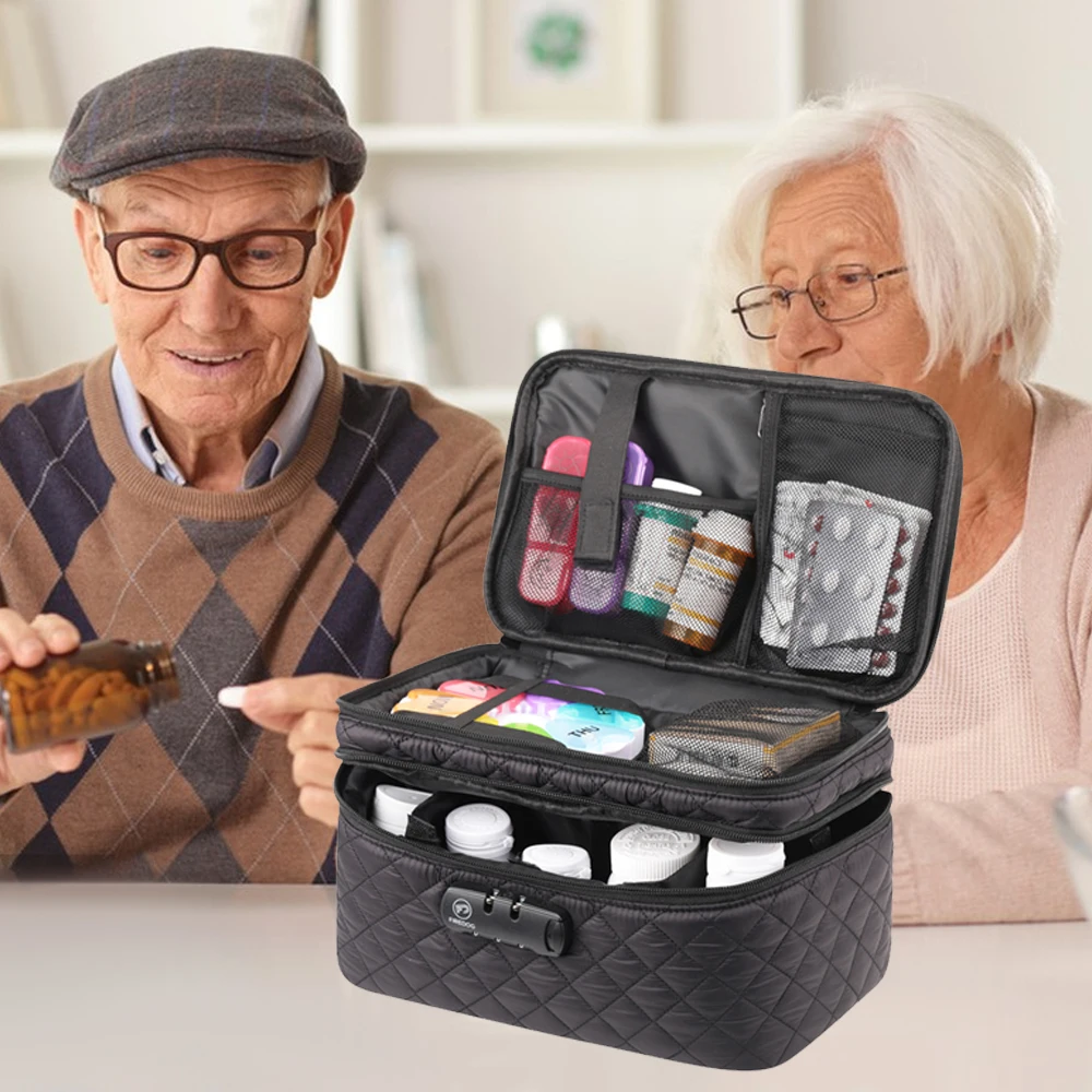 

PU Leather Pill Bottle Organizer Bag with Combination Lock, Double Layer Lockable Medicine Bag Organizer