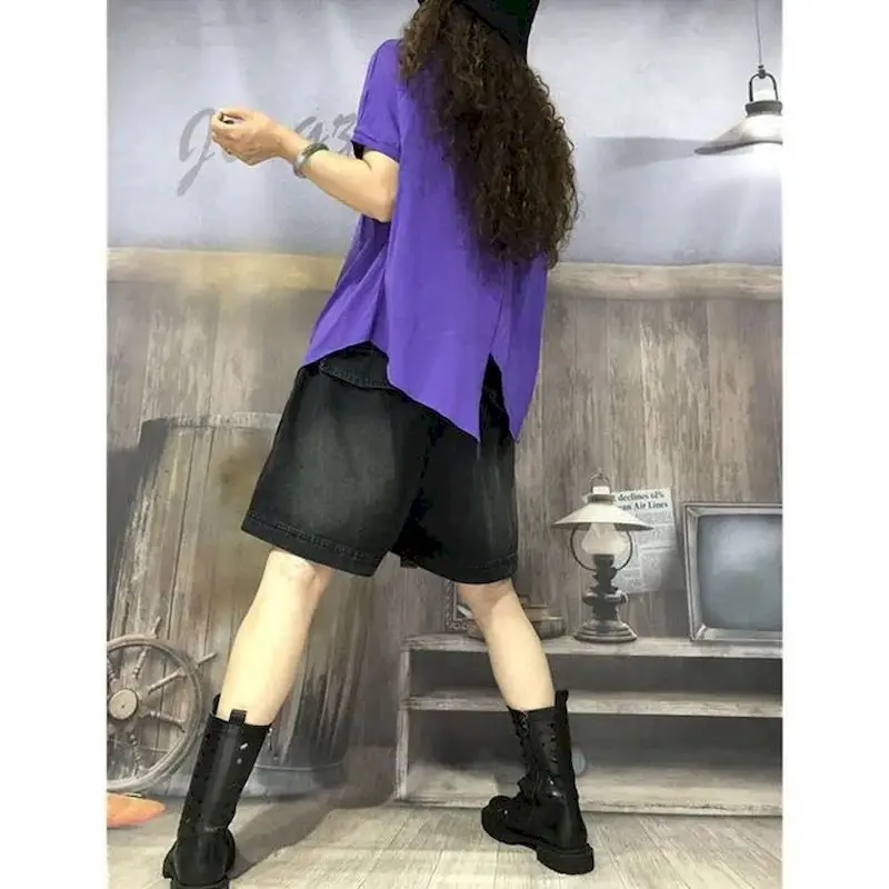 Irregular Split T Shirts Women Fashion Solid Color Art T-shirt Casual Loose Short Sleeve Oversized Tops Summer Trend Thin Tshirt