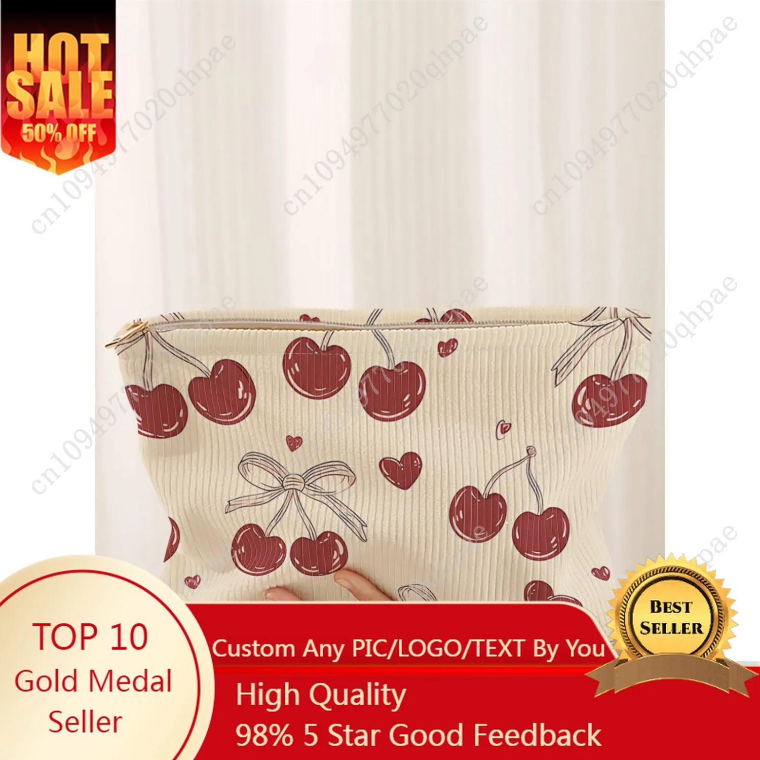 

1 cherry patterned corduroy makeup bag, lightweight zipper makeup storage box, multifunctional bag with lining