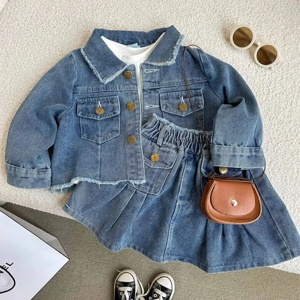 

Blue Denim Jacket 2piece Set Girl's 2024 New Spring Autumn Long Sleeve Single Breasted Lapel Jacket+Elastic Short A-Line Skirt