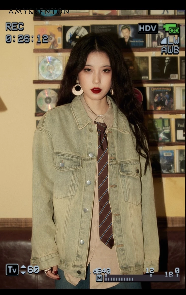 الربيع والخريف جديد خمر المرأة بدوره إلى أسفل طوق غسلها الأزرق الدنيم سترة زوجين الزي عمال معطف أزرق داكن أسود #1