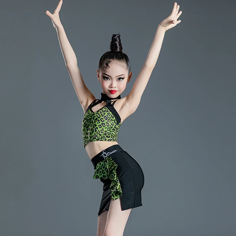 Girls Leopard Latin Kids Competition Dance Clothes Top Skirt Ballroom Dance Competition Costume Stage Performance Wear