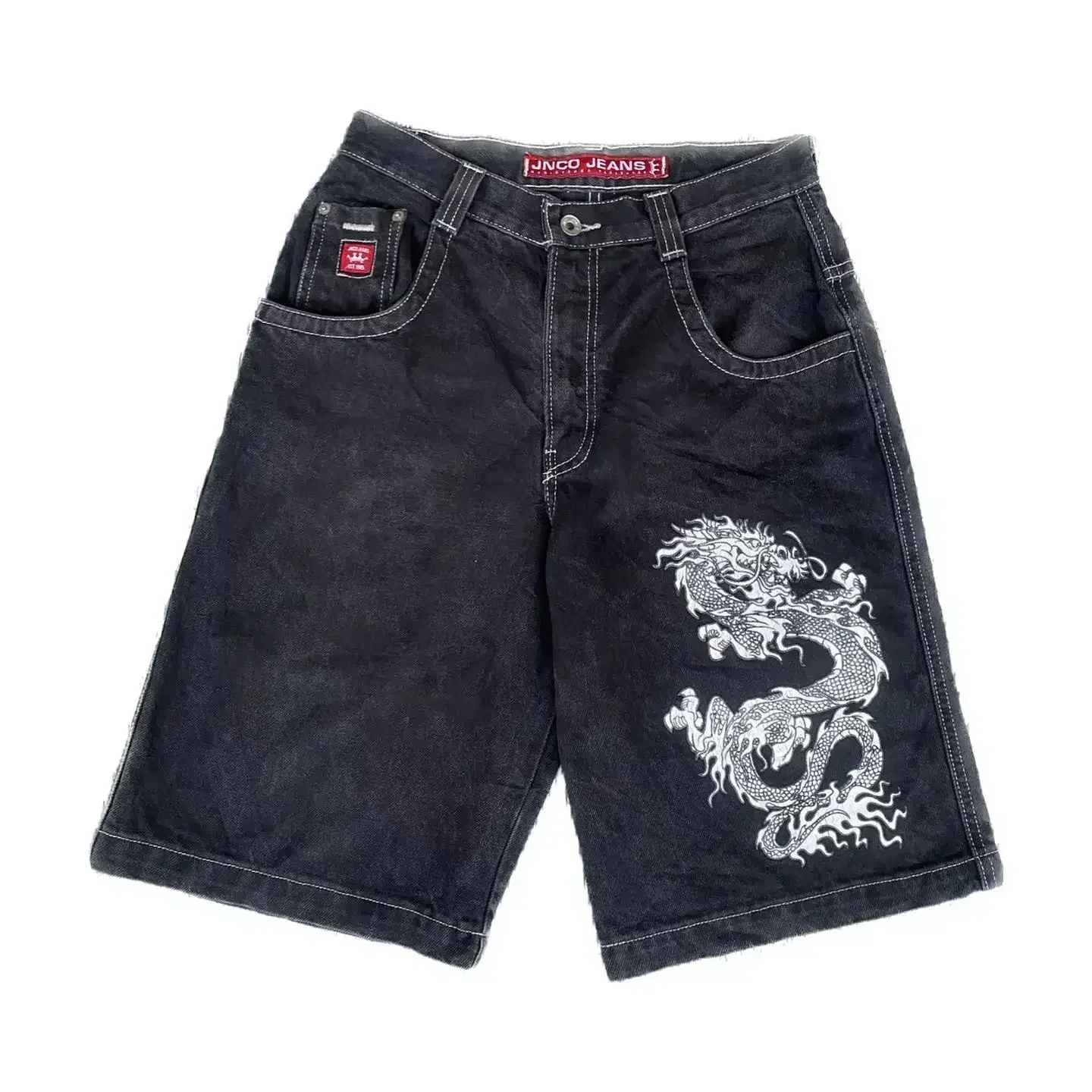 شورت جينز JNCO مع جيب للرجال والنساء ، شورت هيب هوب Y2K ، شورت كرة سلة قوطي ، بنطلون قصير فضفاض ، هاراجوكو ، تصميم جديد