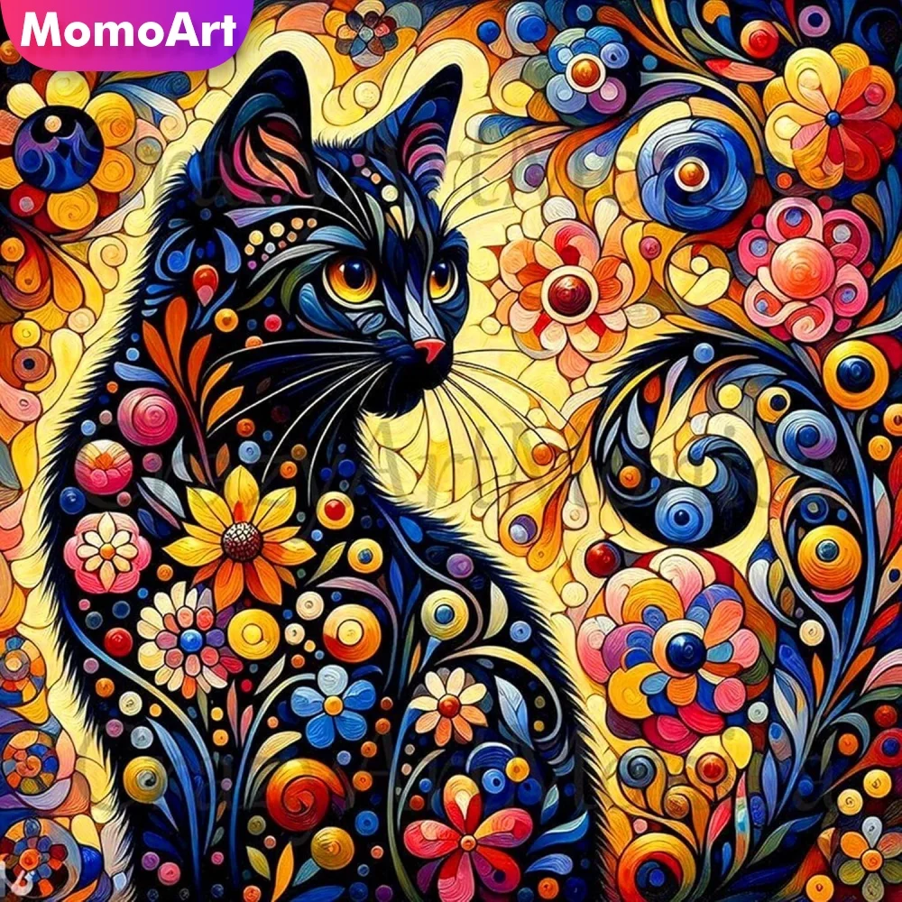 Momoart Katzen-Diamantmalerei zum Selbermachen, Tier-Motiv, vollflächiges Mosaik mit quadratischen und runden Diamanten, Blumenbild für Wohnzimmer und Heimdekoration