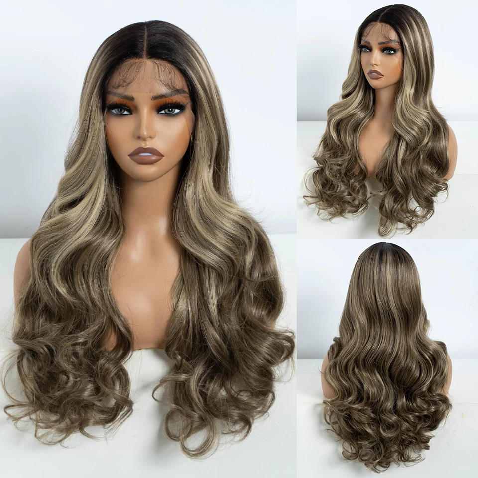 FREEDOM Synthetic Lace Front Wigs For Women 24 Inch Long Wavy Ombre Blonde Brown Lace Wig Heat Resistant Cosplay Lace Wigs