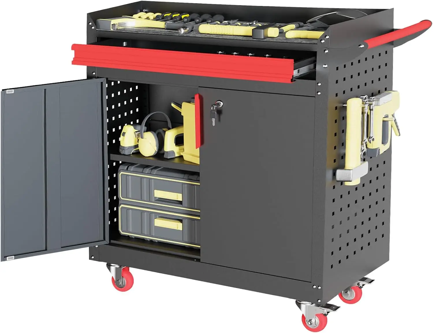 Metal Garage Storage Cabinet with Wheels,Lockable Storage Cabinets with Adjustable Shelf,Steel Tool Locker with Pegboard and Han