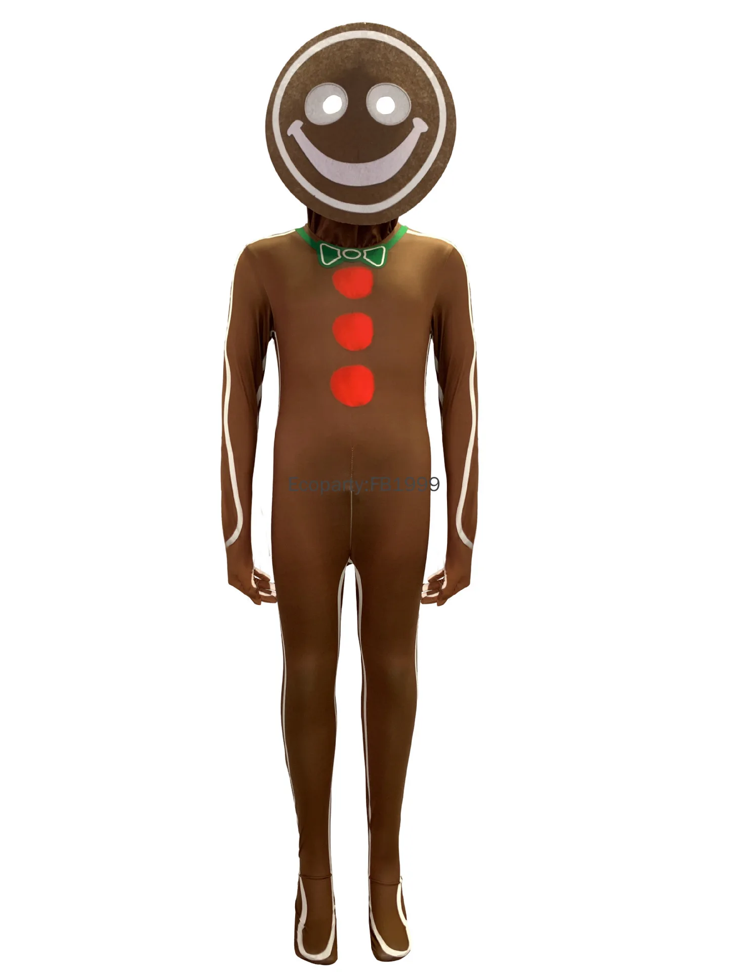Adult Kids Gingerbread Man Cosplay Costume Boy Girls Christmas Brown Gingerbread Cookie Jumpsuits Outfit Purim Carnival Dress Up view 6