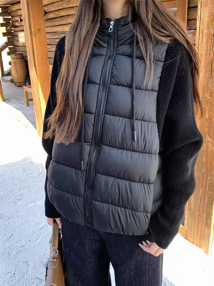 Casacos de parka de retalhos de malha feminino coreano inverno quente falso 2 peça emenda para baixo jaqueta y2k solto casual hoodie puffer outwear