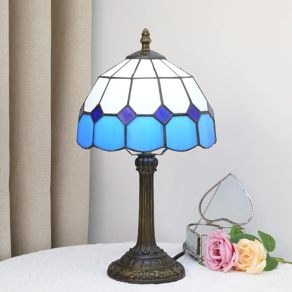 

20cm Stained Glass Desk Lamp Simple European Blue Mediterranean Bedroom Night Light Bedside Table Lamp