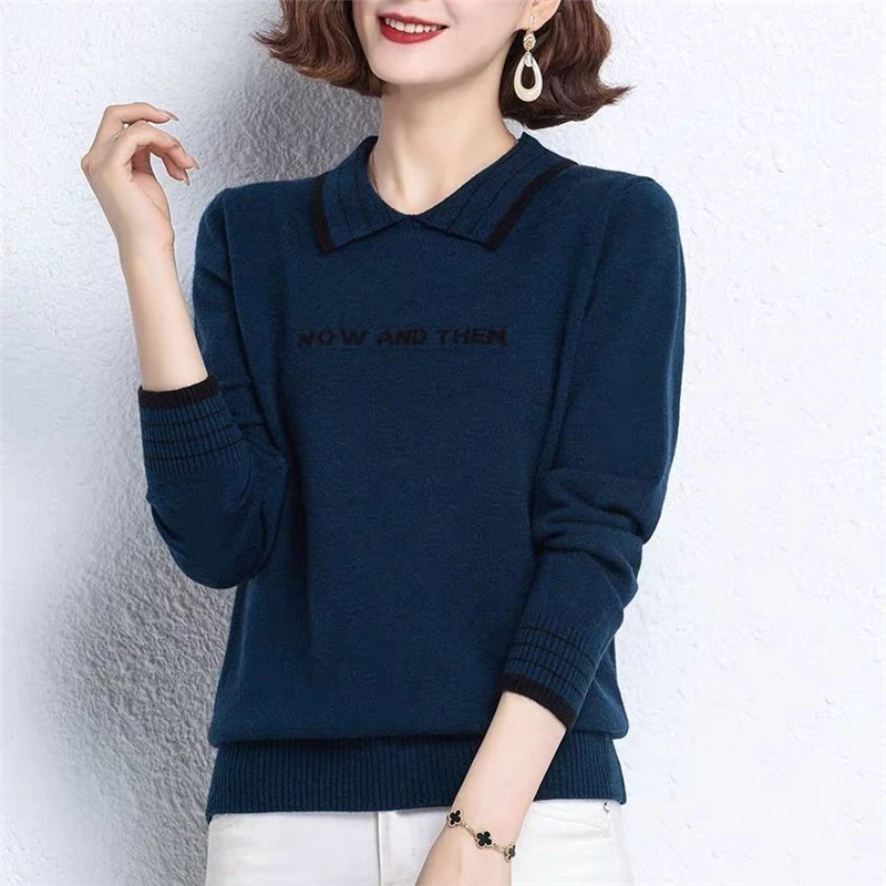 Women Trendy Letter Vintage Elegant Knitwear Autumn and Winter Korean Long Sleeve Kintted Sweater Female All Match Pullover Tops