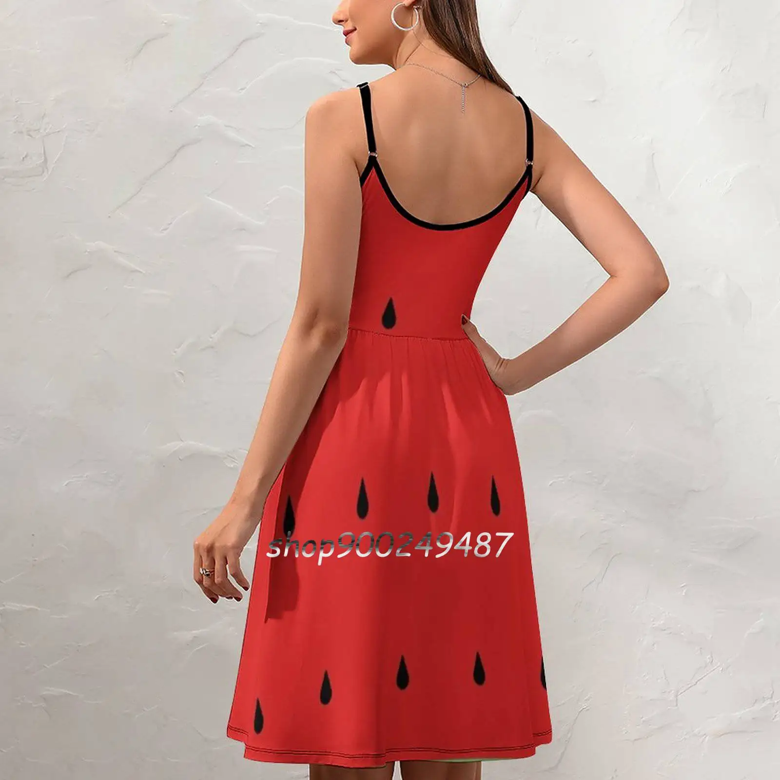 Watermelon Sling Dress Women Summer Printing Condole Belt Dresses Watermelon Fruit Berry Rind Seeds Red Pink Green Food Eat