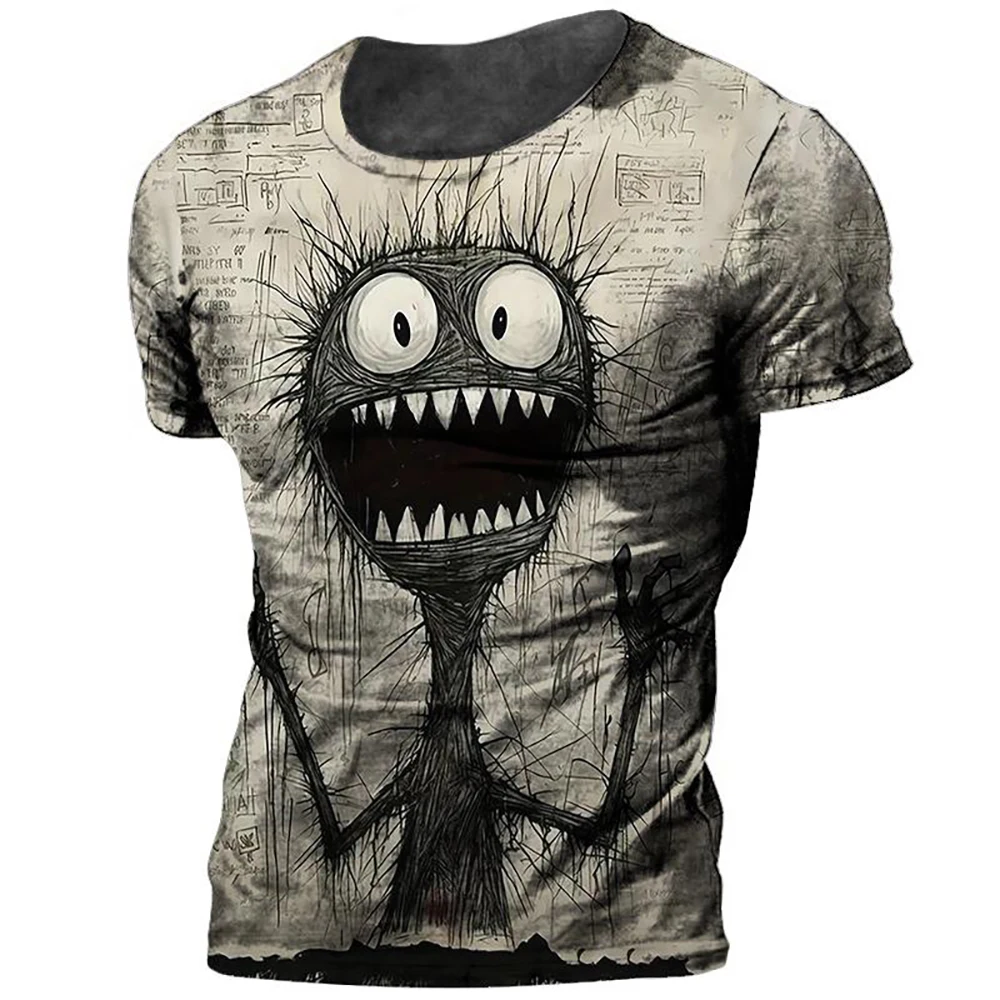 Summer Anime Monster In Panic T Shirts For Men Crew Neck Loose Short Sleeve Tee Shirt Outdoor Oversized T-shirt Men Clothing 3XL