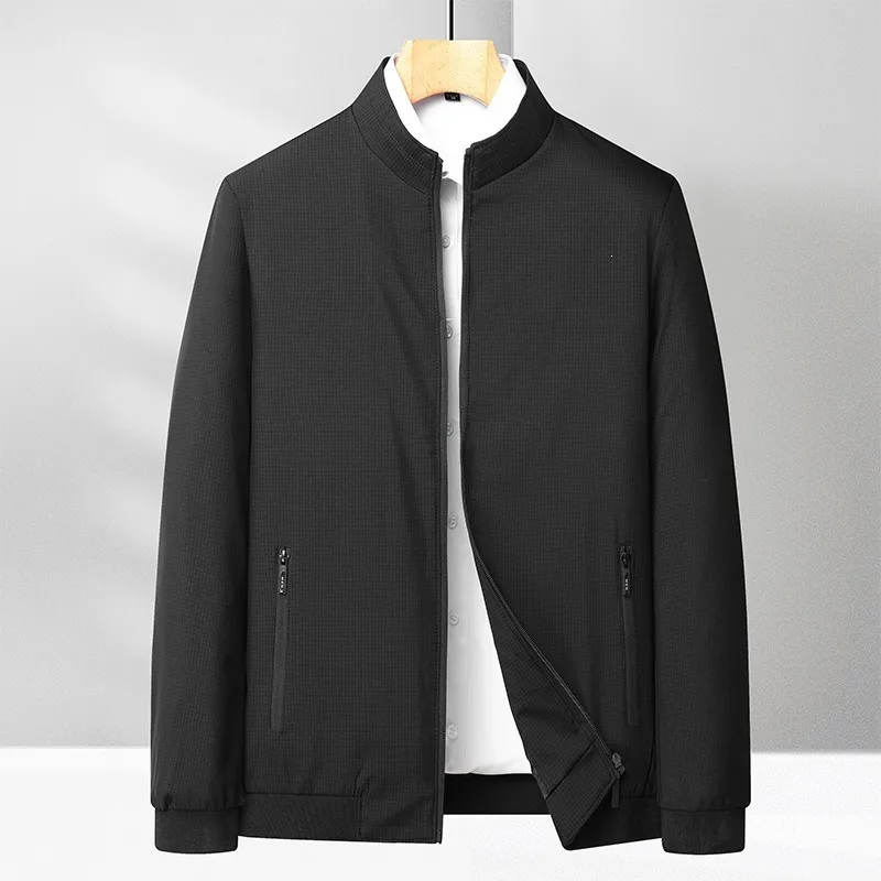 Men Stand Collar Zip Up Textured Fabric Jacket Long Sleeve Business Casual Outerwear