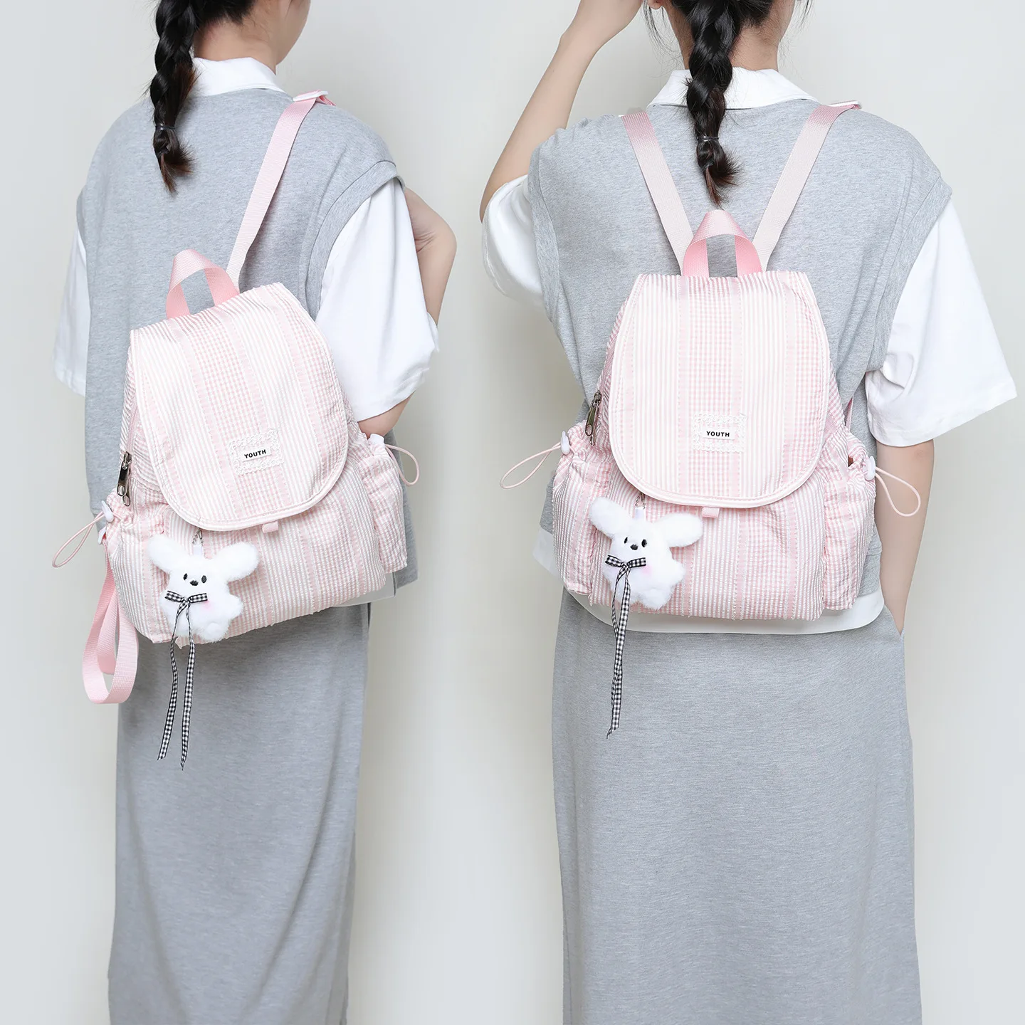 Lightweight polyester student schoolbag, niche checkered color-blocking casual small backpack, women's flip cover backpack