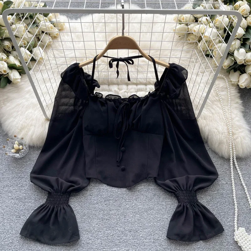 French Chic Halter Blouses Femininas Bow Flare Sleeve Short Tops Dames HighStreet Blusa Mujer Casual Shirts Clothes Dropshipping