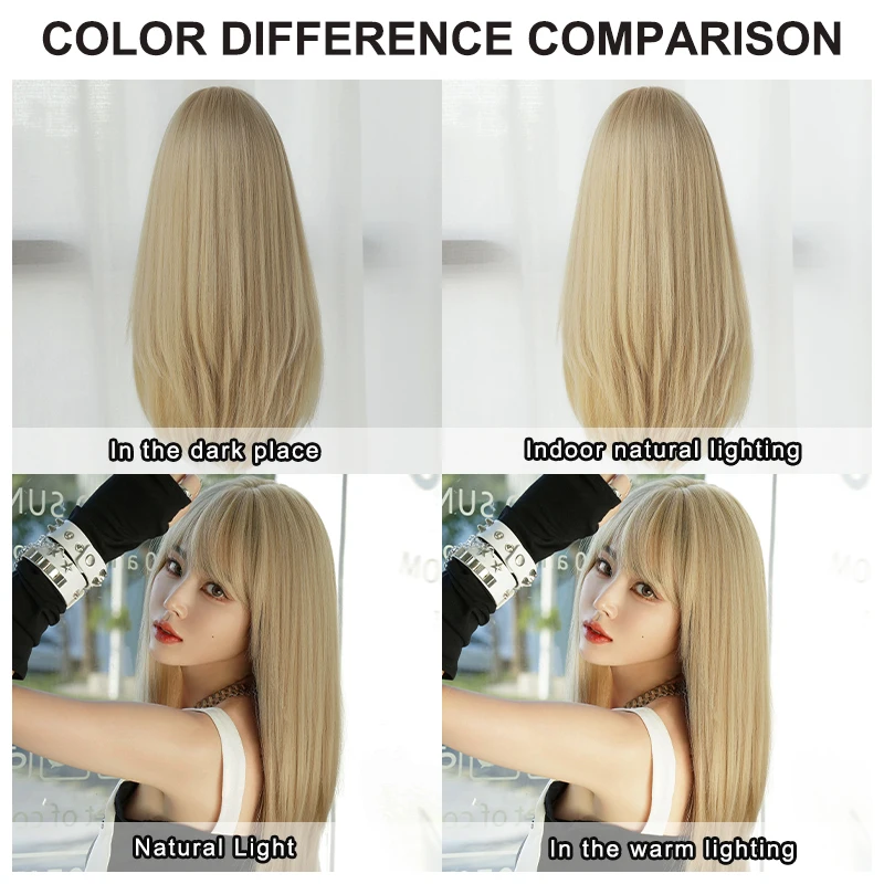 Perucas loiras em camadas retas com franja pura peruca de cabelo falso natural sintético de alta densidade para mulheres perucas de festa cosplay diárias