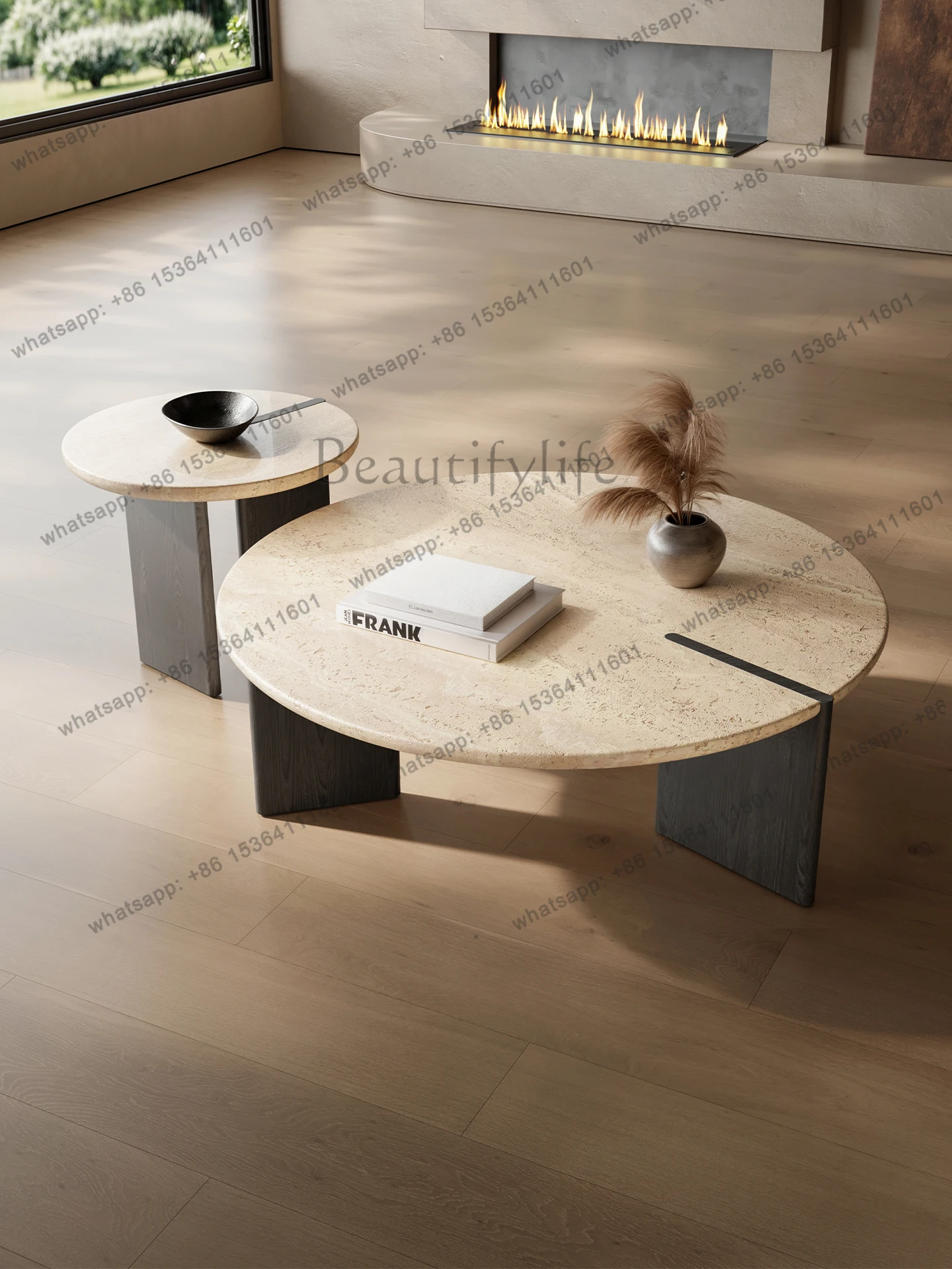 

Solid Wood&Travertine Coffee Table, Mid-Century Modern Designer Round Table, Heat&Scratch Resistant, Natural Veining, Customize