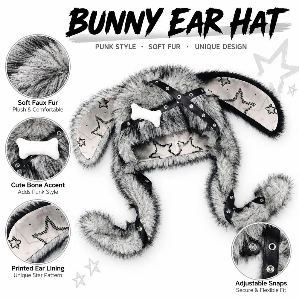 Creative Gift Y2K Streetwear Bunny Ear Hat Gothic Style Faux Fur Hat Adjustable Snaps Punk Style Hat