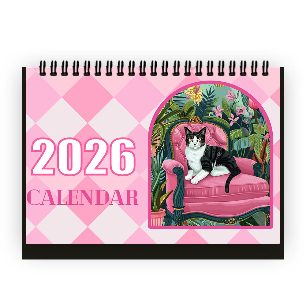 

1 шт. календарь на 2026 год, тема кота на диване, 12 красивых дизайнов, настольный календарь, идеальный подарок на дни рождения, Рождество, Новый год