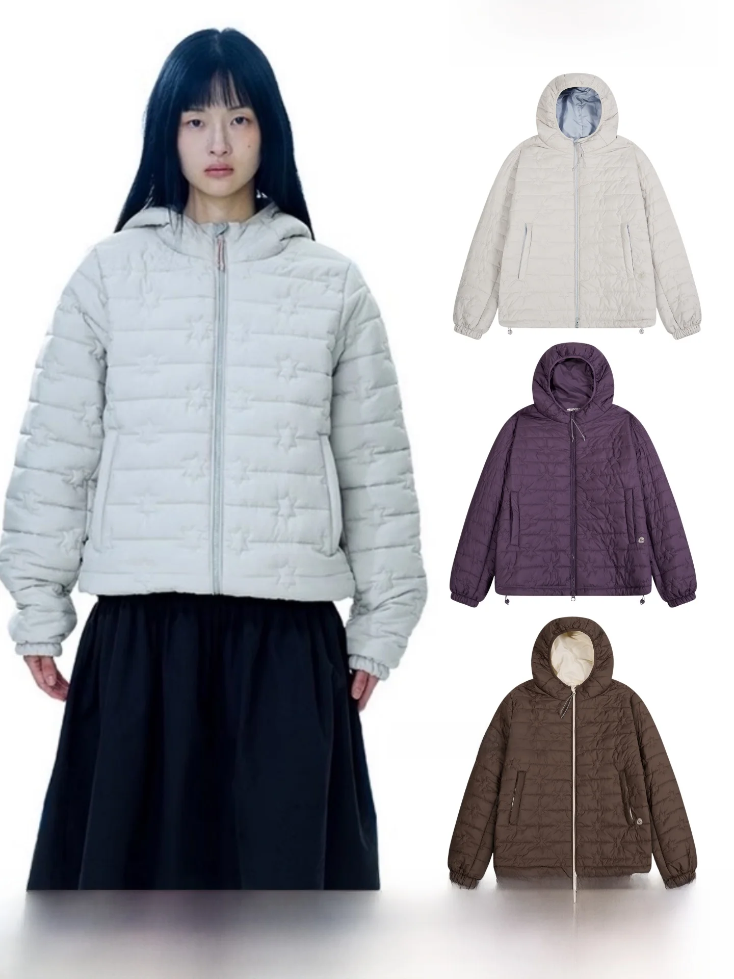 Coyseio Thickened Hooded Cotton Jacket Zipper Design Star Patterned Women's Casual Style Coat for Autumn Winter Season