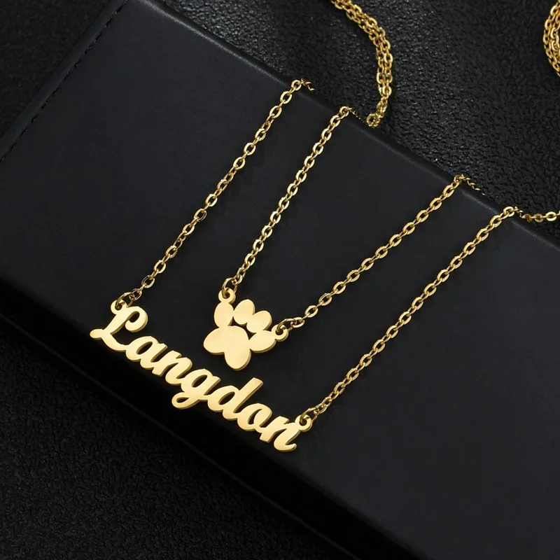 Collar personalizado con nombre DIY europeo americano, colgante con estampado de pata y letra hueca, collar de acero inoxidable, joyería para mujer, triangulación de envíos