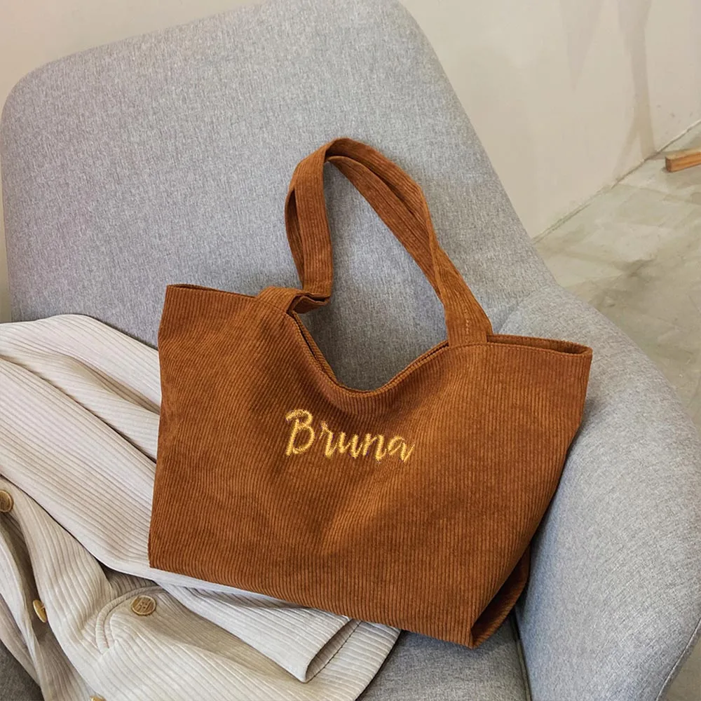 Personalized Embroidered Korean Version Large Capacity Shopping Bag Casual Art Canvas Handbag Simple Retro Corduroy Shoulder Bag