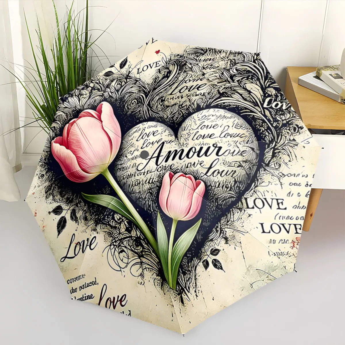 1PC Romantic Floral Umbrella Design with Words of Love Print 8 Iron Ribs Folding Umbrella Auto-Open Fashion Sunshade