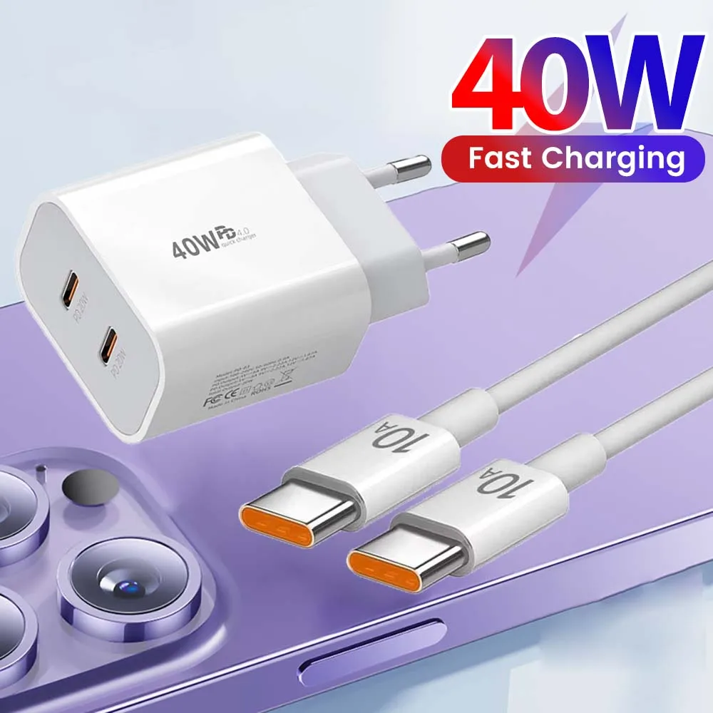 40W Dual USB C Port Fast Charger Type C Fast Charging PD Charger Power Adapter For iPhone Samsung Xiaomi 10A Type C to C Cable