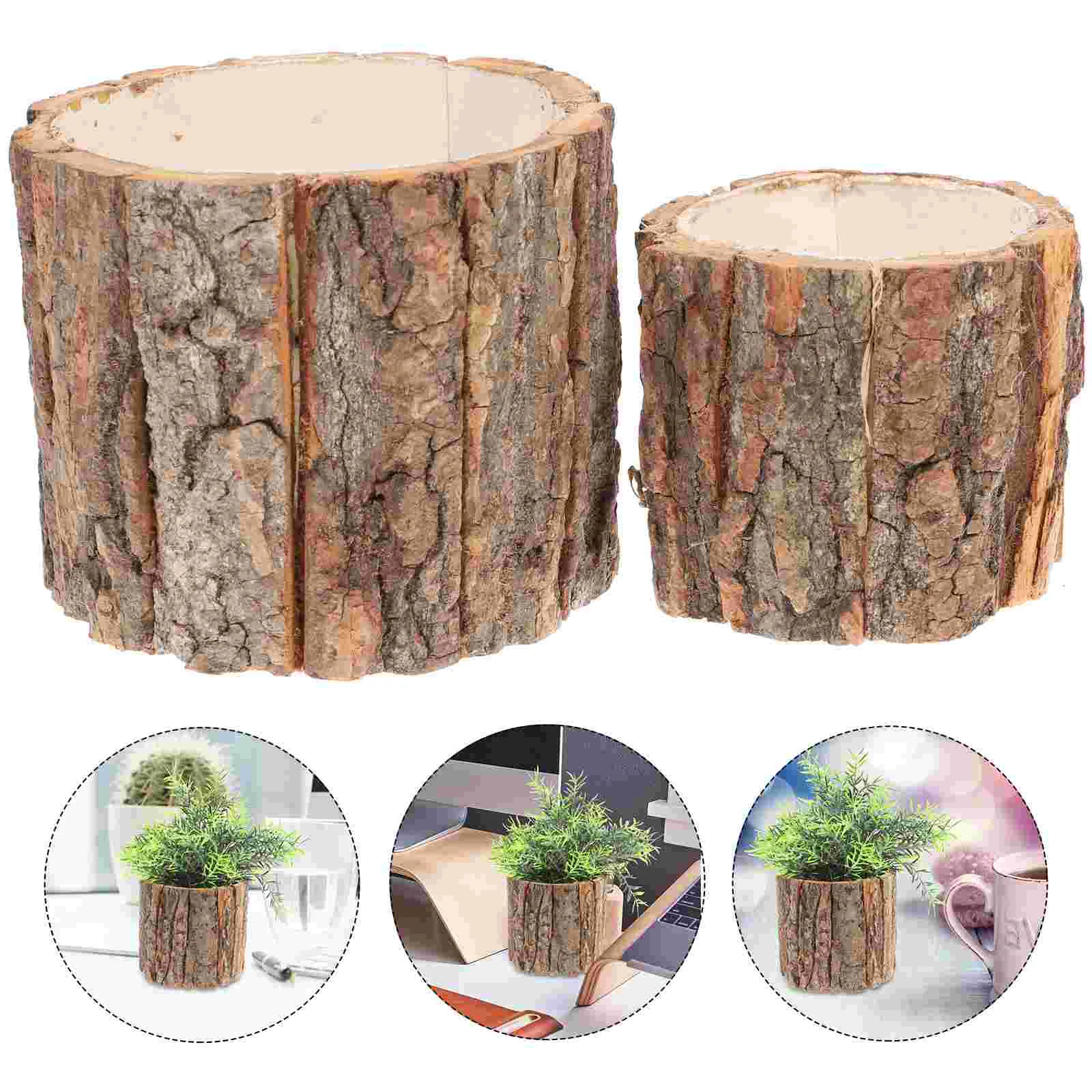 2 Pcs Floral Bark Bucket Indoor Decor Planters Flower Arrangement Storage Pot Wooden Flowerpot Vase