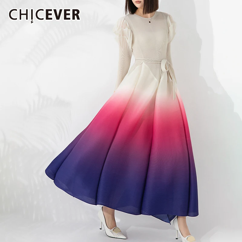 

CHICEVER Tie Dye Women's Vintage Pleated Dress O Neck Puff Sleeve High Waist Spliced Lace Up Long Dresses Female Fashion Autumn