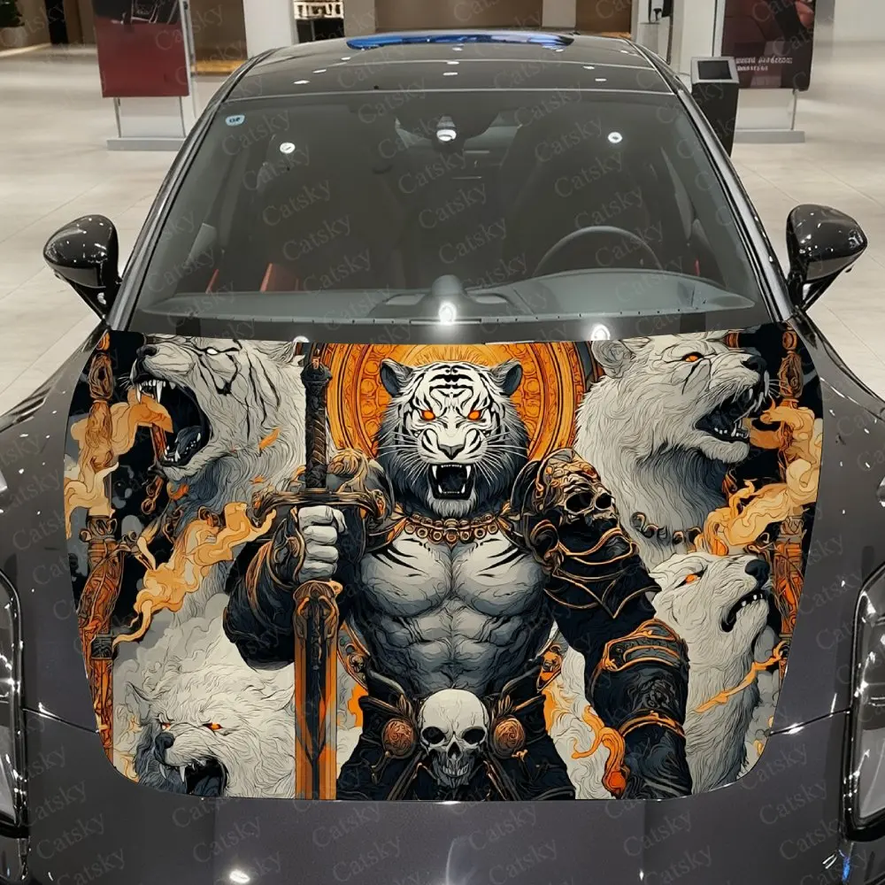 Twin Tiger Golden Armor Sword Tiger Car Vinyl Wrap, PVC Material Waterproof Car Hood Sticker, Self-Adhesive Scratch-Resistant St