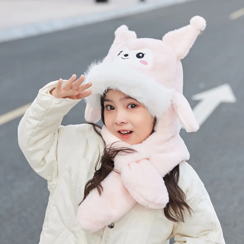 Sanrios Child Hat Ear Able To Move Cute Scarf One-Piece Cap Winter Kuromi Kawaii Cartoon Outdoor Keep Warm Tab Pullover Hat